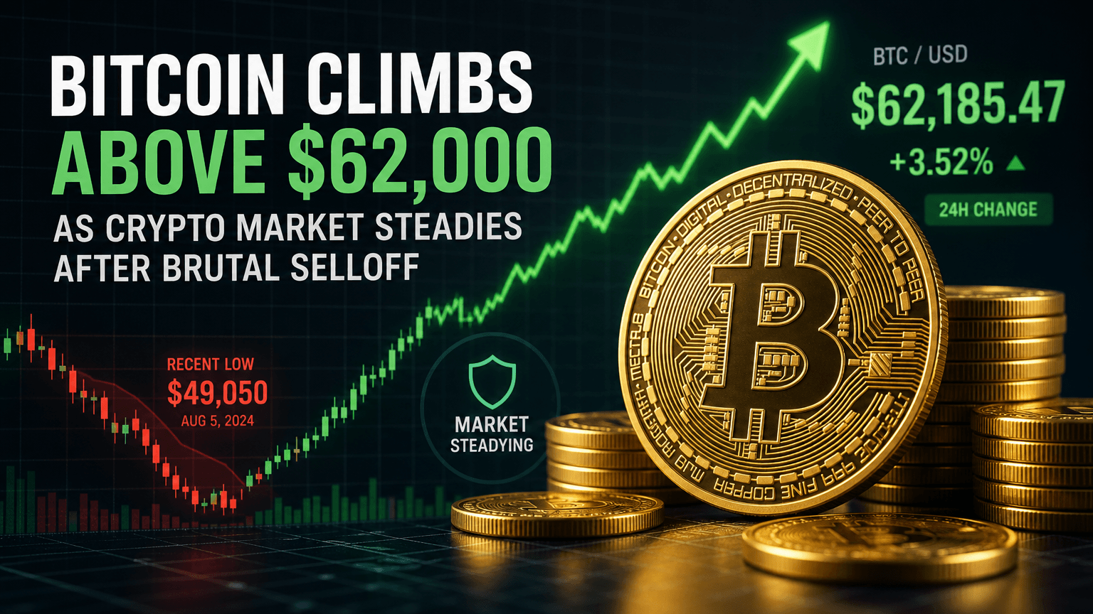 Bitcoin climbs above $62,000 as crypto market steadies after brutal selloff