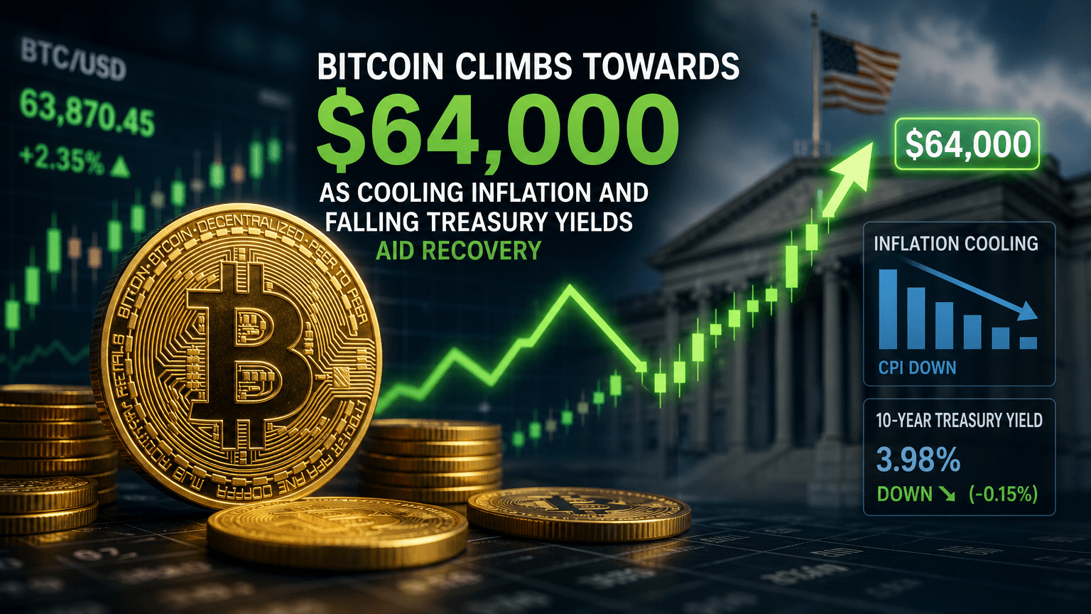 Bitcoin climbs towards $64,000 as cooling inflation and falling treasury yields aid recovery